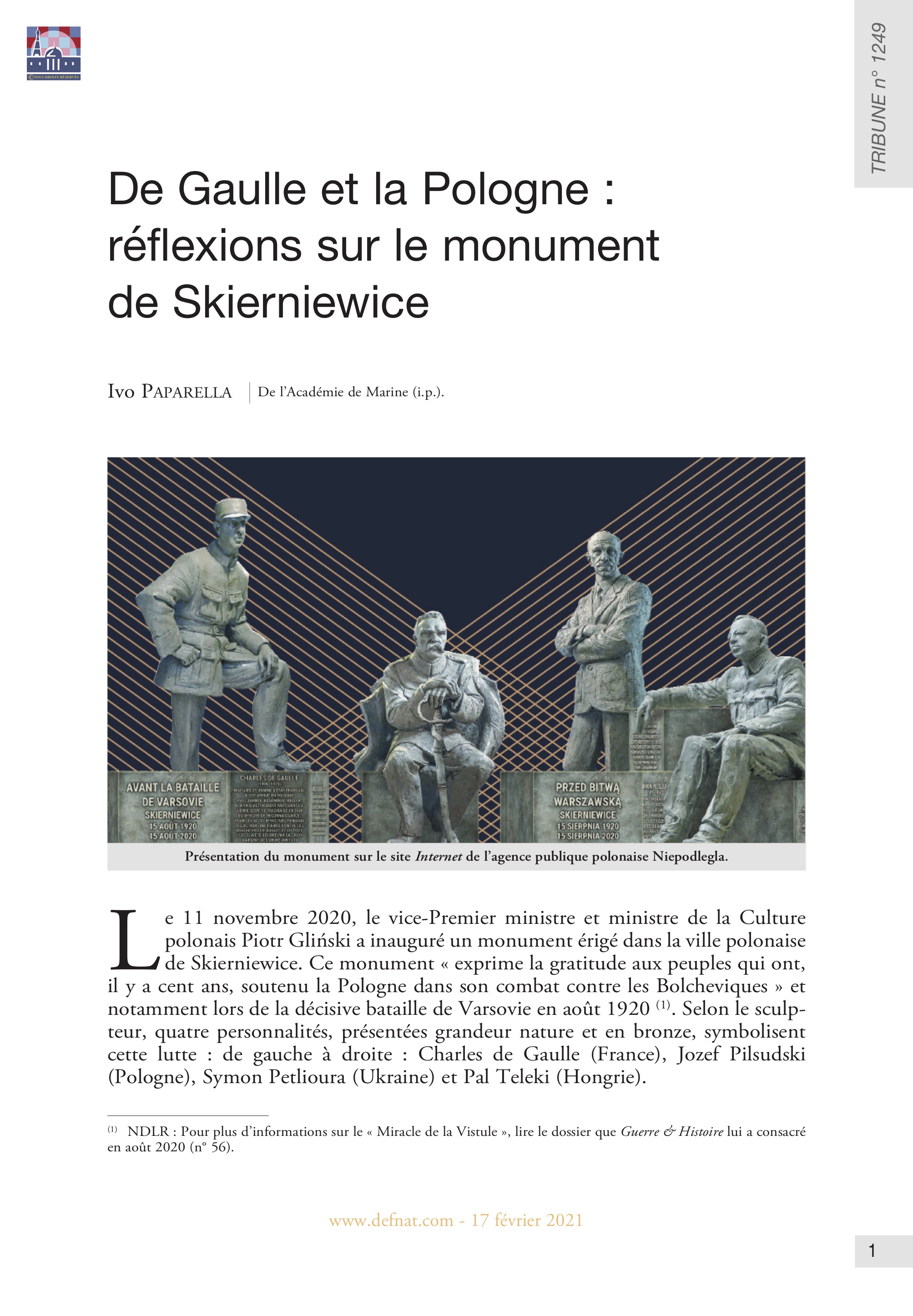 De Gaulle et la Pologne : réflexions sur le monument de Skierniewice (T 1249)
